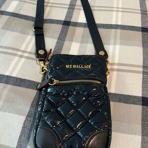 MZ Wallace Navy Quilted Crossbody Wallet with Gold Accents